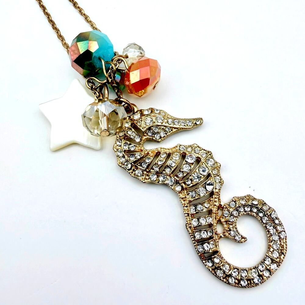 Aldo Crystal Seahorse Pendant Necklace MOP Star Shell Charm Dangle 24" Signed